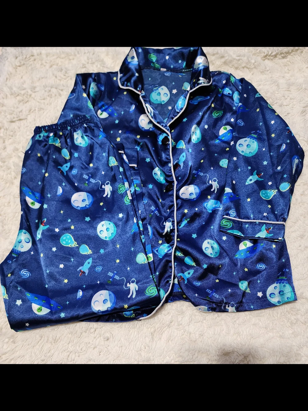 SHEIN Navy Blue Space-Print Satin Kids Pajama Set